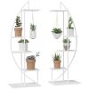 Outsunny 5 Tier Metal Plant Stand with Hangers, Half Moon Shape Flower Pot Display Shelf for Living Room Patio Garden Balcony Decor, White